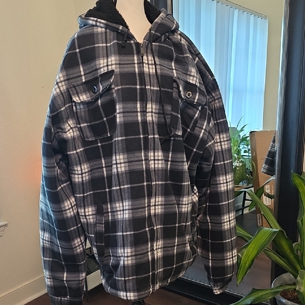 Black and Gray Lightweight Plaid Shirt Jacket with Hood